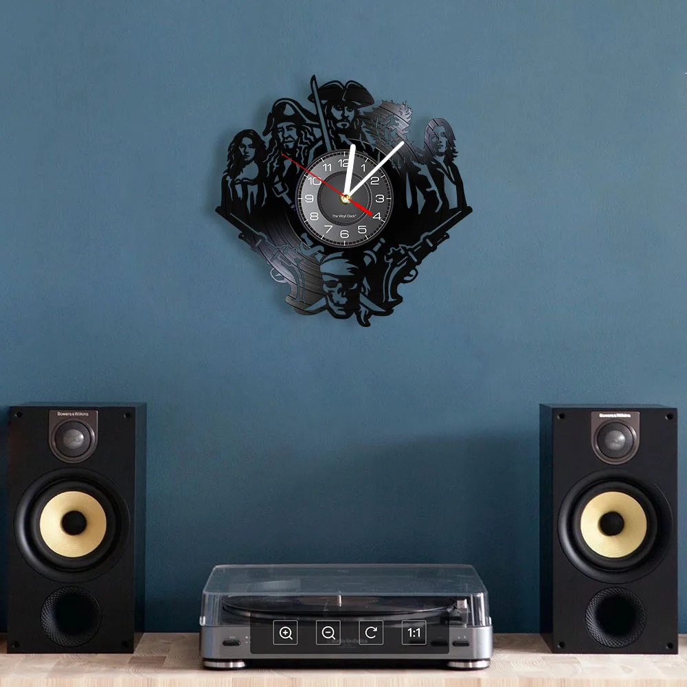 Caribbean Pirates Vinyl Record Wall Clock For Home Cinema Theater Movie Art Jack Sparrow Music LP Album Vinyl Disk Crafts Clock 4