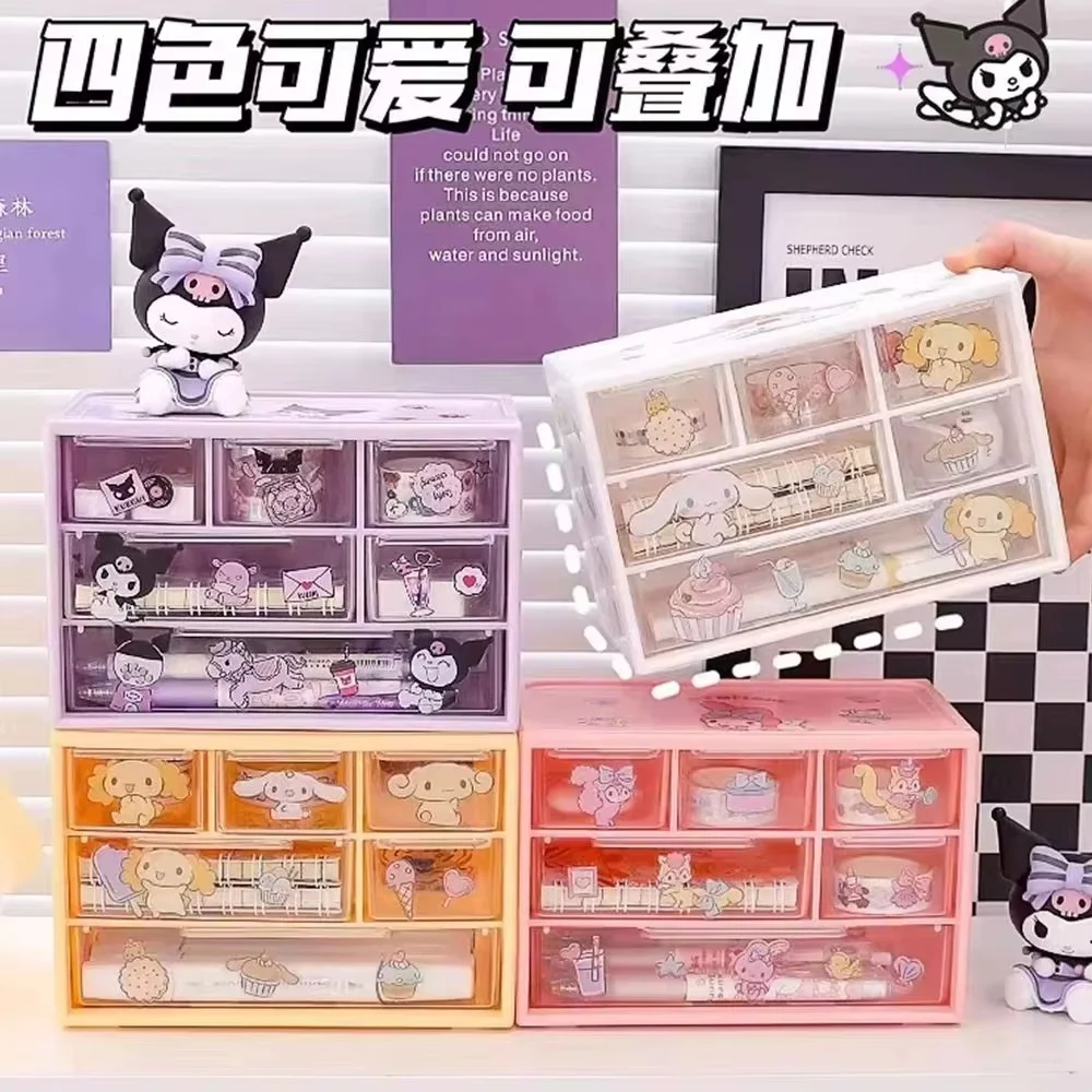 Sanrio Six Square Grid Storage Box Drawer Transparent Desktop Kuromi Melody Cinnamoroll Pochacco Pompurin Stationery Storage ﻿