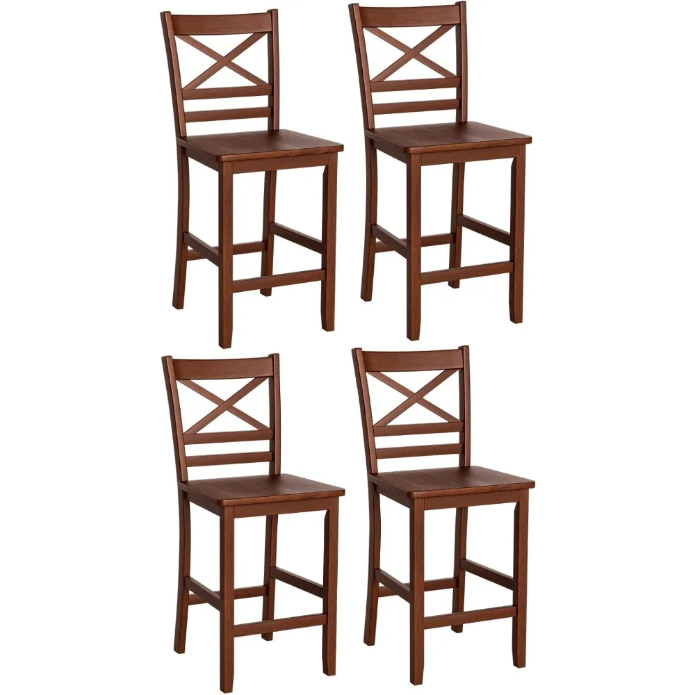 Bar Stools, 25'' Antique Kitchen Counter Height Chairs with Wooden X-shaped Backrest & Rubber Wood Legs