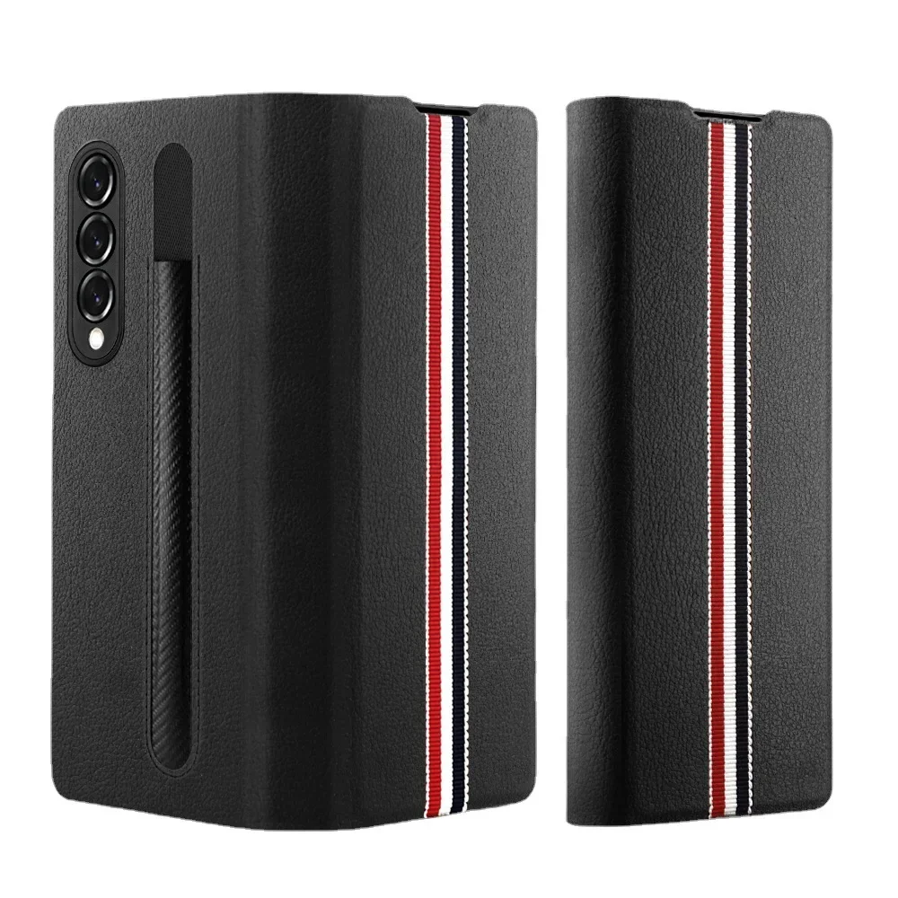 

Case for Samsung Galaxy Z Fold3 Insert Pen Lychee Pattern Pencil Z Fold3 Folding Phone Case Flip Leather Case Magnetic Suction