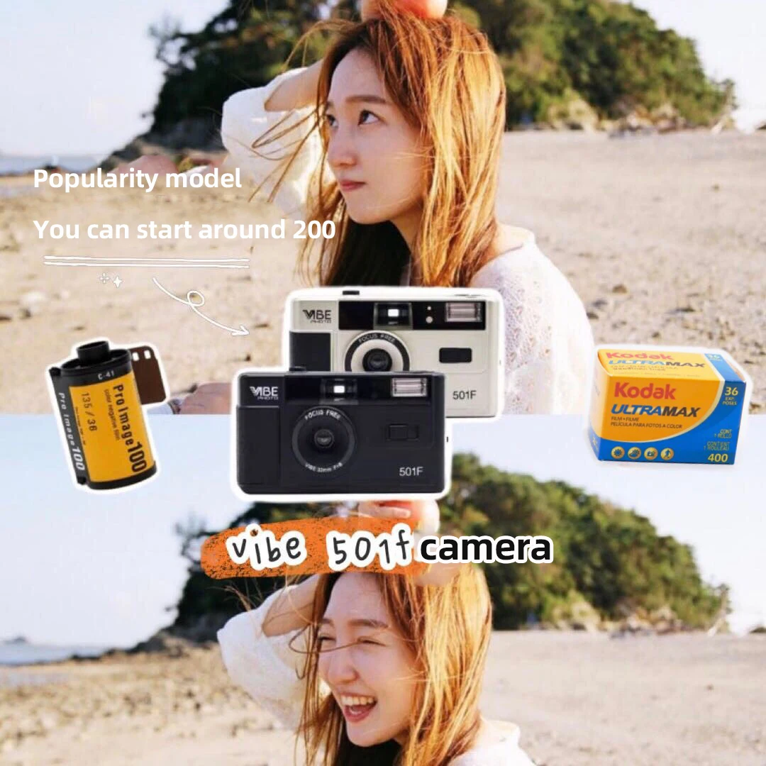 VIBE 501F Camera Reusable Non-Disposable Retro Film Camera 135 Film Fool With Flash Black/Red/Champagne Silver/Pink