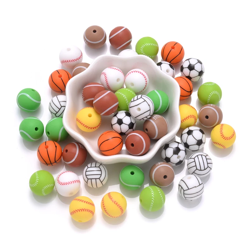 10Pcs 15mm Printed Silicone Beads Round Baseball Tennis Basketball Food Grade Teether Beads for DIY Baby Pacifier Chain Clip 4