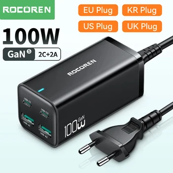 Rocoren GaN 데스크탑 충전기, 고속 충전 4.0, QC 3.0, PD USB-C, C타입, USB 고속 충전, 맥북 프로, 삼성 아이폰 노트북용, 100W