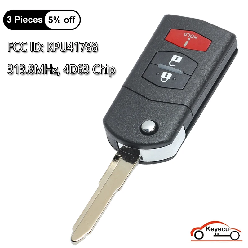 

KEYECU 3 Buttons 313.8MHz 4D63 Chip for Mazda 6 RX-8 2005 2006 2007 2008 Auto Flip Remote Control Key Fob FCC ID: KPU41788