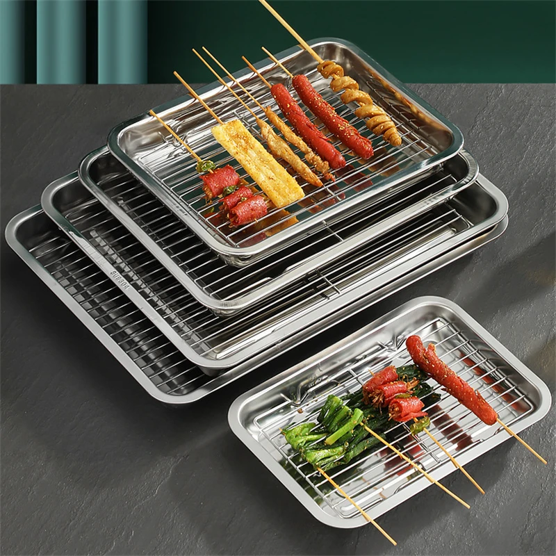 Rectangular Storage Plates Stainless Steel Bakeware with Cooling Rack Kitchen Oven Baking Tray Oil Filter Pan Food Service Trays storage box storage tray kitchen tray
