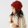 Vintage Flower Kids Hat Autumn Winter Openwork Flower Beanie Girl Hand Knitted Fringe Strap Ear Protection Princess Hat 2