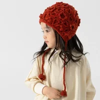 Vintage Flower Kids Hat Autumn Winter Openwork Flower Beanie Girl Hand Knitted Fringe Strap Ear Protection Princess Hat 2