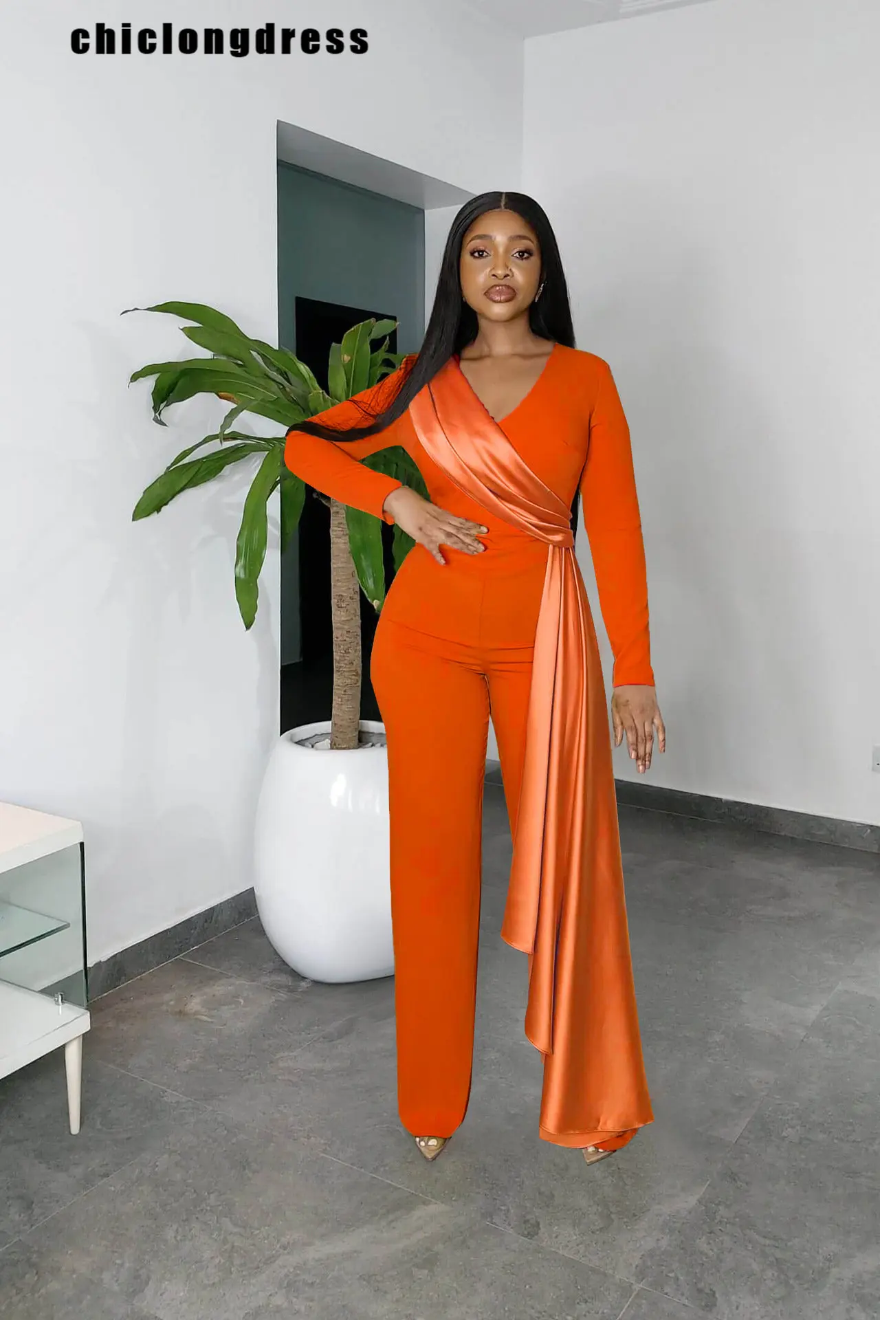 

Spring Summer Fashion Satin Binding Wide Leg Jumpsuit African Women OL Casual V-neck Long Sleeve Straight Jumpsuit Women