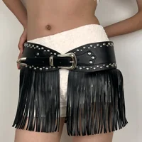 Trendy Black Rrivet Belt Spicy Girl Vintage Punk Skirt Decoration Jeans Decor Width Pu Tassel Belt Waistbands Western Cowboy