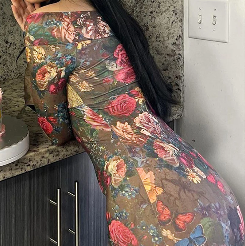 

French Retro Romantic Oil Painting Printed Dress New Spring Lady Slash Neck Patchwork Long Dress Fashion Lace Slim Party Dresses