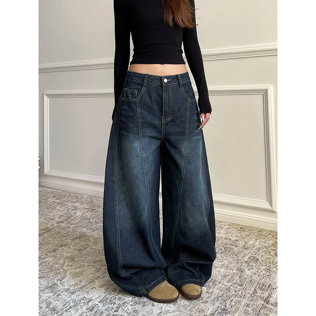 Bleu femmes rétro Y2K 2000s jambe large Baggy décontracté Denim pantalon taille haute jean ample 2024 automne Harajuku pleine longueur pantalon 1