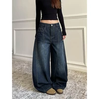 Blue Women's Retro Y2K 2000s Wide Leg Baggy Casual Denim Trouser High Waist Loose Jeans 2024 Autumn Harajuku Full Length Pants 1