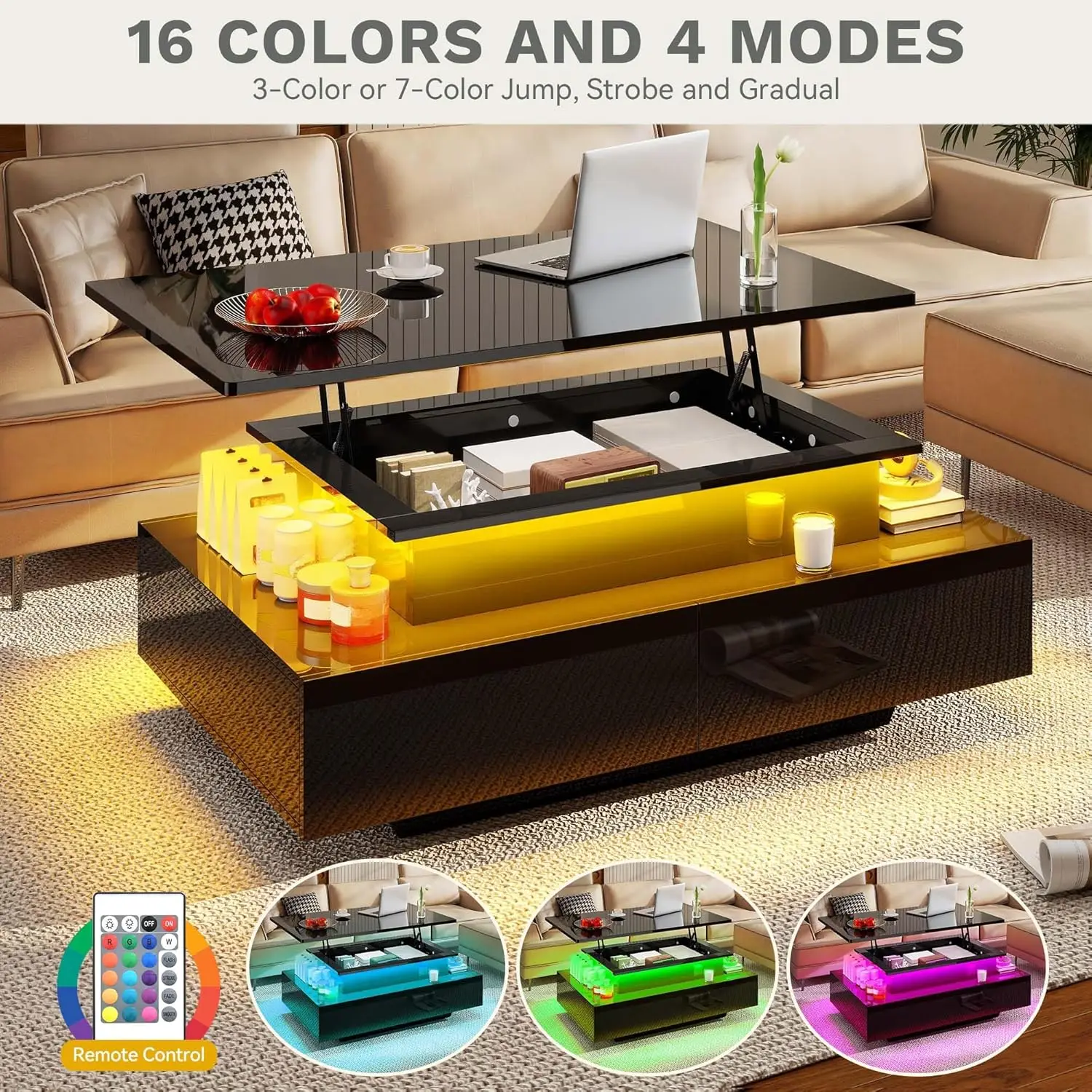 LED Lift Top Coffee Tables for Living Room, Rectangular Coffee Table with 4 Spacious Drawers, Modern Center Table with Lifting T