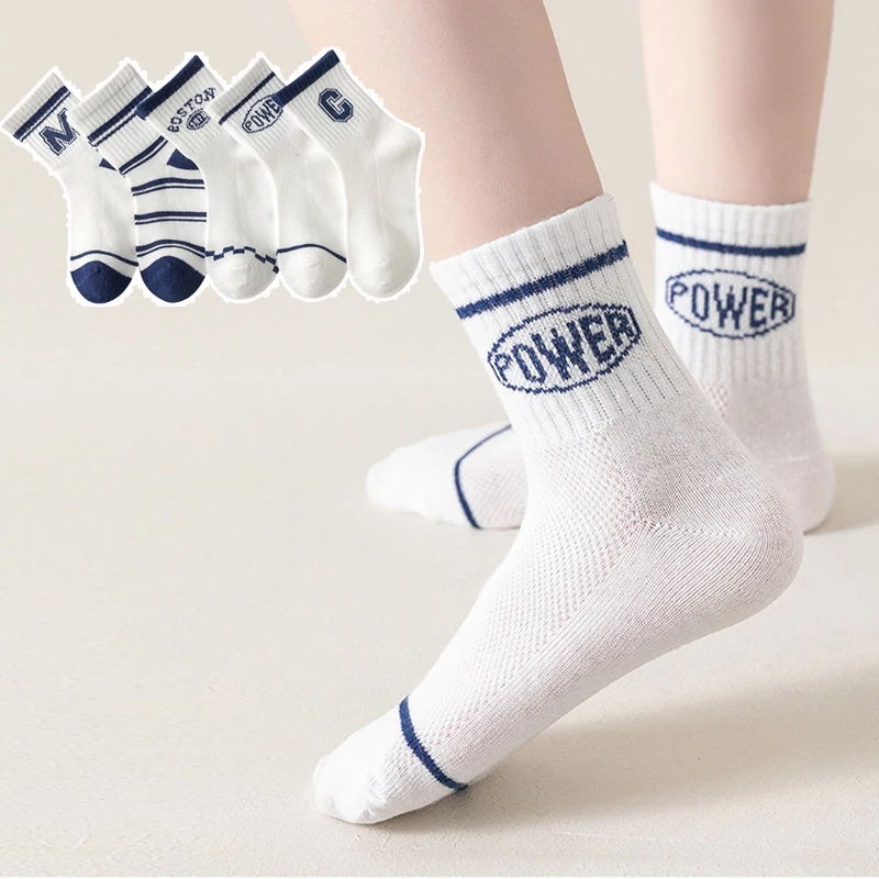 

5Pairs 1-12Years Summer Children's Socks Boys Girls Sport Socks Letter Striped Toddler Thin Cotton Breathable Kids School Socka