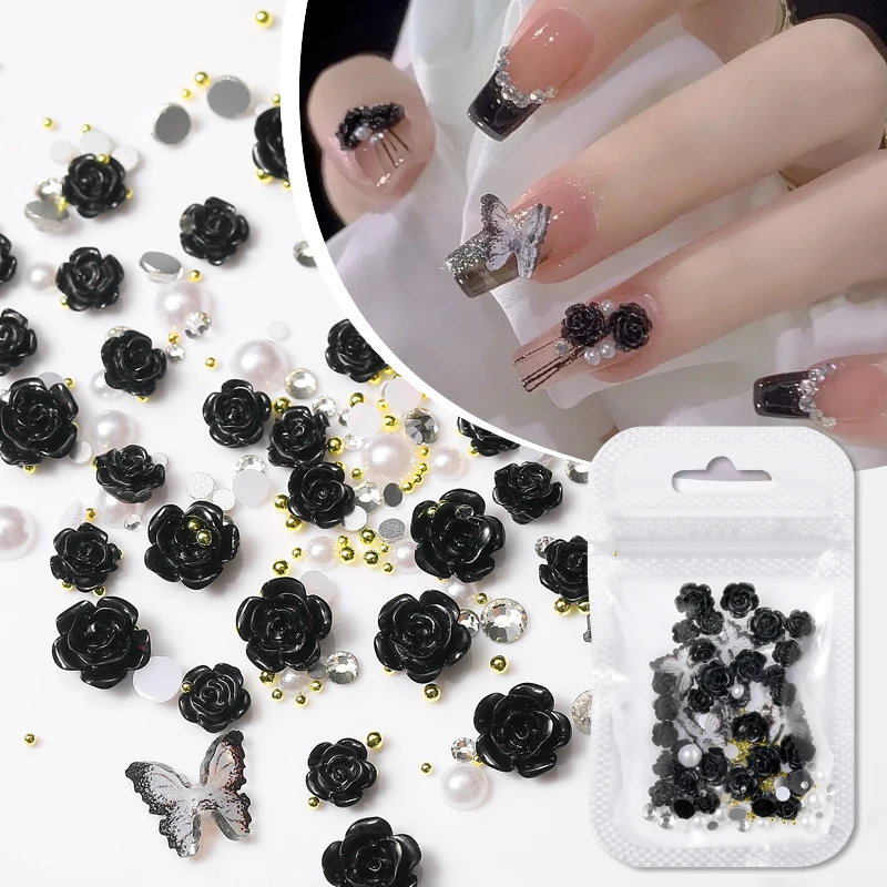 1Bag Mixed Size Black White Resin Flowers With Gold Beads Nail Charms Butterfly 3D Nail Art Decoration Manicure Tool Accessories