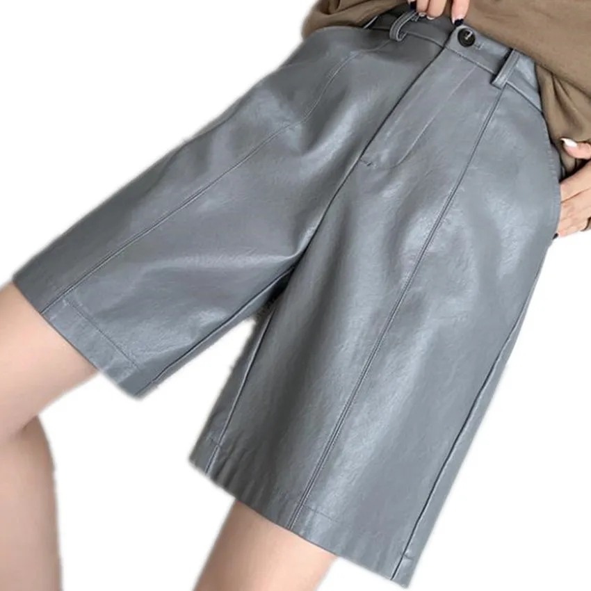 

Spring New Fashion PU Ankel Length Shorts Women High Waist Large Size Trousers