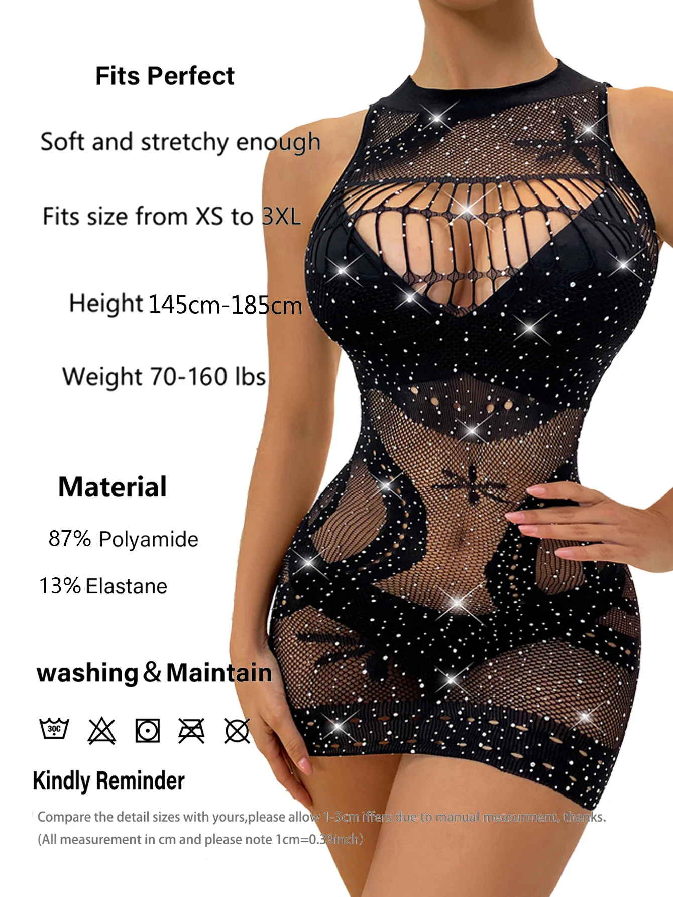 Model wearing a rhinestone fishnet mesh bodysuit with sparkling details