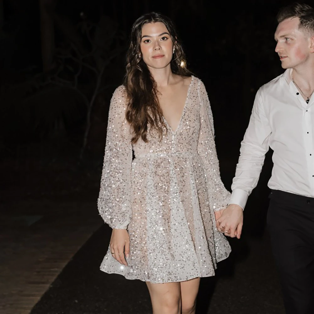 

Блестящее короткое платье с блестками для выпускного вечера, модель 2023 года, платье с V-образным вырезом, длинными рукавами и открытой спиной, бальное платье для торжества, выпускного вечера, вечернее платье