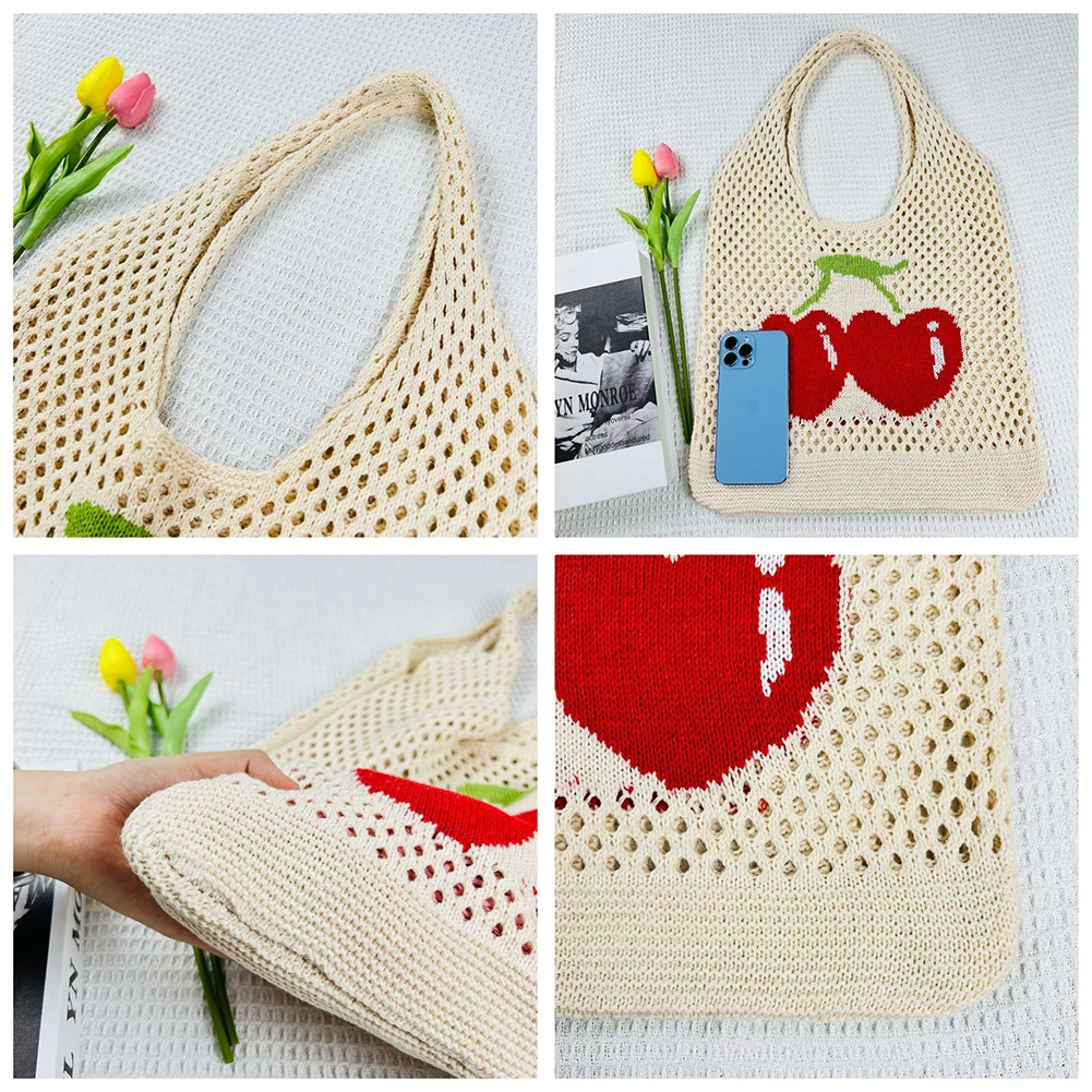 Women's Crochet Bag Cherry Knitted Handbags Large Capacity Summer Beach Woven Shoulder Bag Girls Travel Tote Hollow Shopper Bag