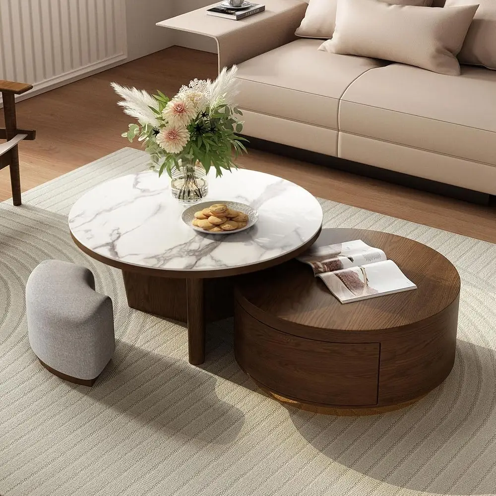 Ensemble de table basse Walnara en marbre - tabourets rangés dessous