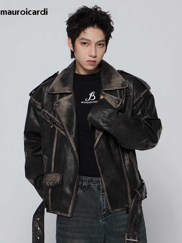 Mauroicardi Spring Cool Handsome Vintage Distressed Black Pu Leather Biker jacket Men Belt Zipper Loose Unisex Clothes 2024 4