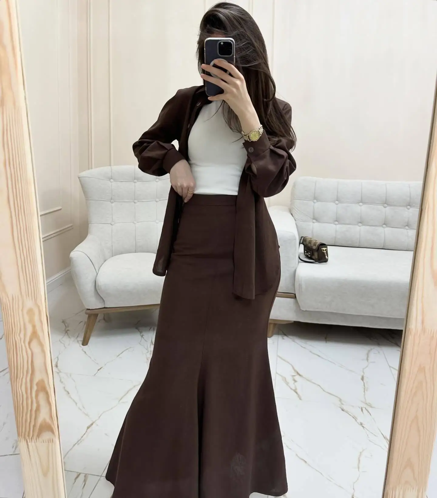 Femmes musulmanes jupe ensembles Blouse 2 pièces costume dessus de chemise jupes longues simple boutonnage marocain dubaï Ensemble arabe tenues décontractées 9