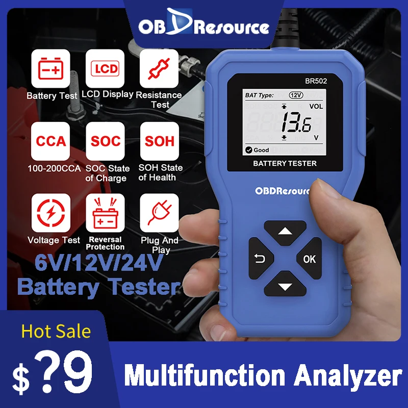 OBDResource BR502 6V 12V 24V Car Battery Tester 100-2000 CCA Battery System Testing Car Truck Motorcycle Battery Analyzer Tool