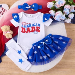 Citgeett Summer Independence Day Infant Baby Girl Outfit Letter Print Short Sleeve Romper Mesh Skirt Bow Headband Clothes Set