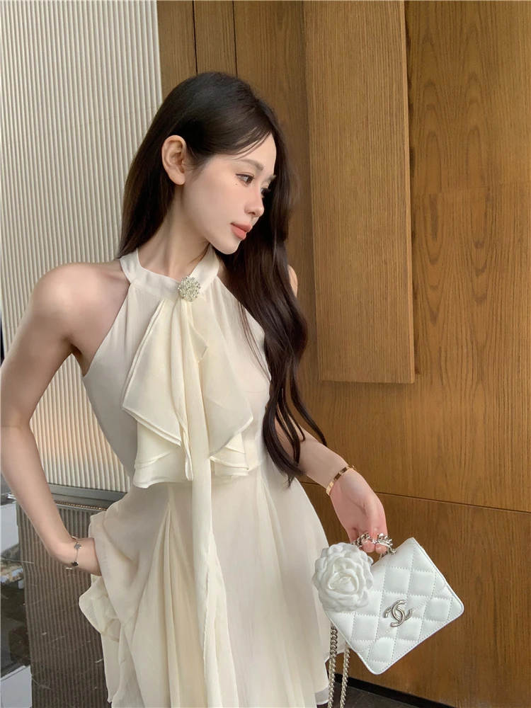 Elegant Halter Ruffles Short Dresses for Women Diamond Sleeveless A-line Sexy Evening Party Dress Prom Korean Chic Vestido Mujer