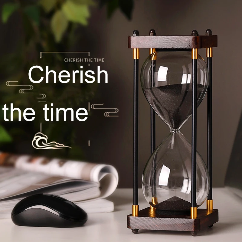30 Minutes Hourglass Timer Vintage Wooden Frame Four Pillar Hourglass Study Living Room Decoration Decompression Sand Clock
