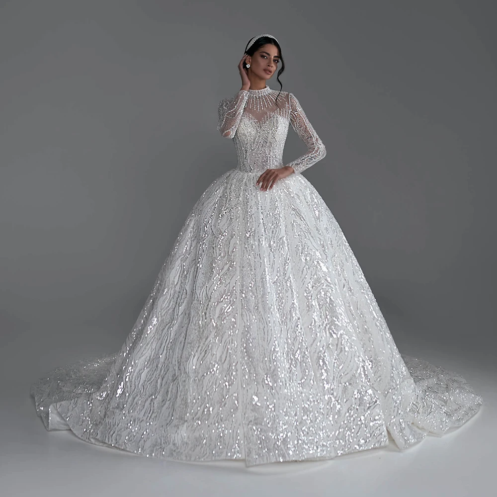 Robe De Mariee Long Sleeve Sequined Beading Wedding Dress Illusion Back Glitter Vestidos De Noiva Bridal Gowns Vintage Trouwjurk