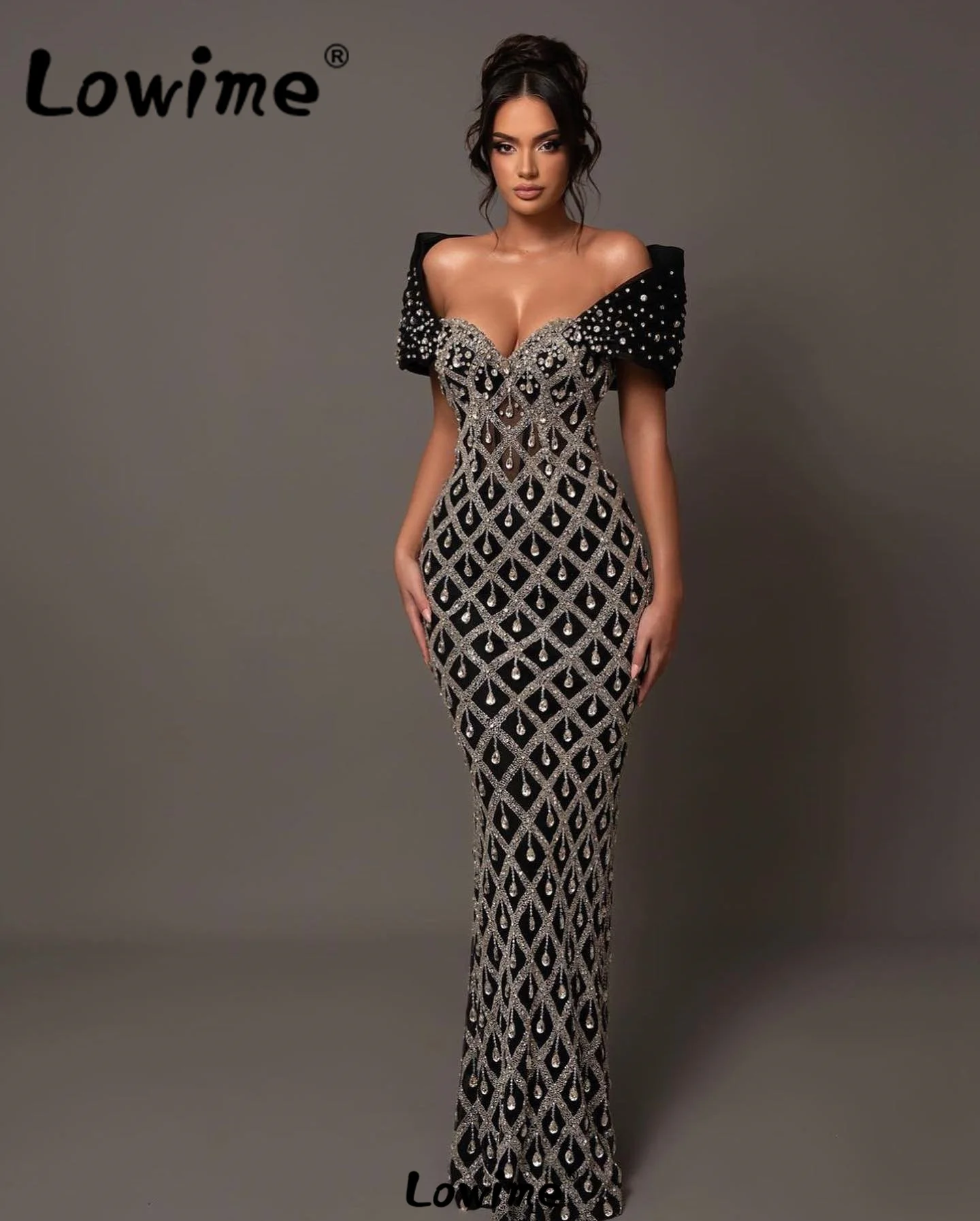 

Lowime Black Arabic Evening Dresses Robes De Soirée 2024 Off Shoulder Mermaid Celebrity Dress Party Gowns Full Crystals Beaded