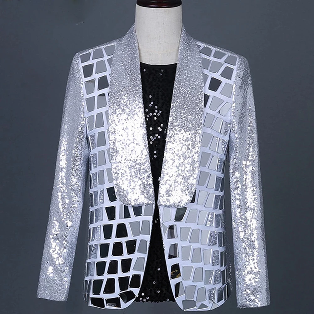 

Singer Silver Sequin Blazer Men Brand Shawl Collar Single Button Men Suit Jacket Shiny Plaid Sequins Party Dance Stage Costume