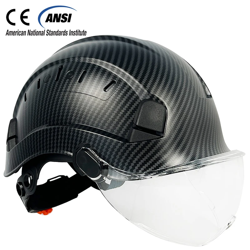 CE Carbon Fiber Pattern Safety Helmet With Goggle Visor Industrial Work