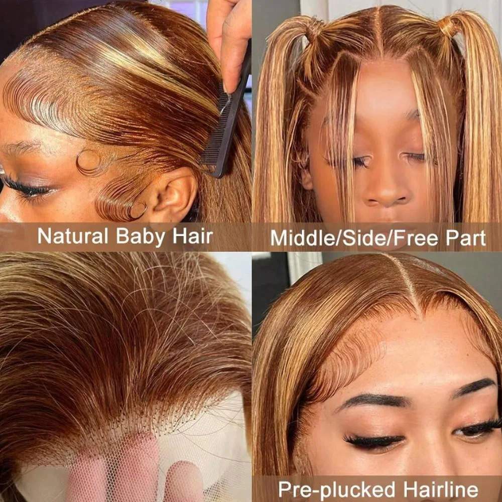 26 Inch 250% Density P4/27 Highlight Bone Straight 13x6 HD Lace Frontal Wigs Human Hair Brazilian Ombre Honey Blonde Human Hair