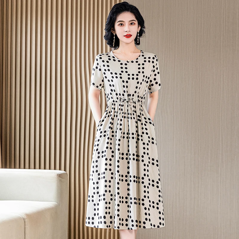 

2024 New Women's Summer Middle-aged Pockets Dress Female Long O-neck Printed Dresses Ladies Short Sleeve A-line Vestidos N184