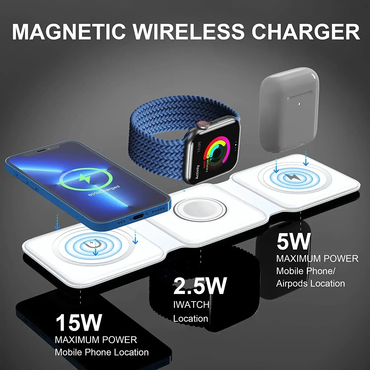 Fast Wireless Charger Pad 3 in 1 Foldable Magnetic Charging Station for iPhone 14 13 12 Pro Max Mini Plus Apple iWatch 8 Airpods