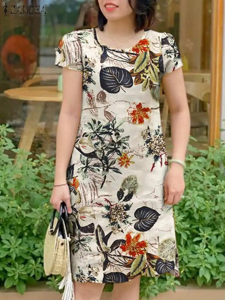 

ZANZEA Summer Short Sleeve Floral Printed Sundress Women Vintage Dress Bohemain Casual Holiday Vestidos Knee Length Robe Femme
