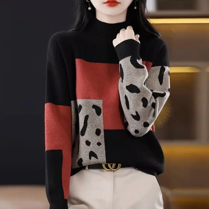 

Fashion Stand Collar Spliced Casual Color Sweaters Women Clothing 2023 Winter Loose Knitted Korean Pullovers Commuter Tops