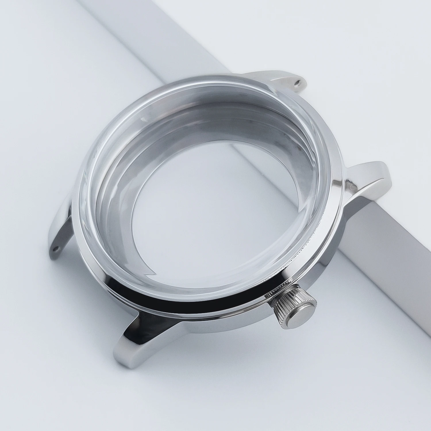 Elegant 40mm Silver Cocktail Watch Case with Arch Glass & Transparent Back Cover