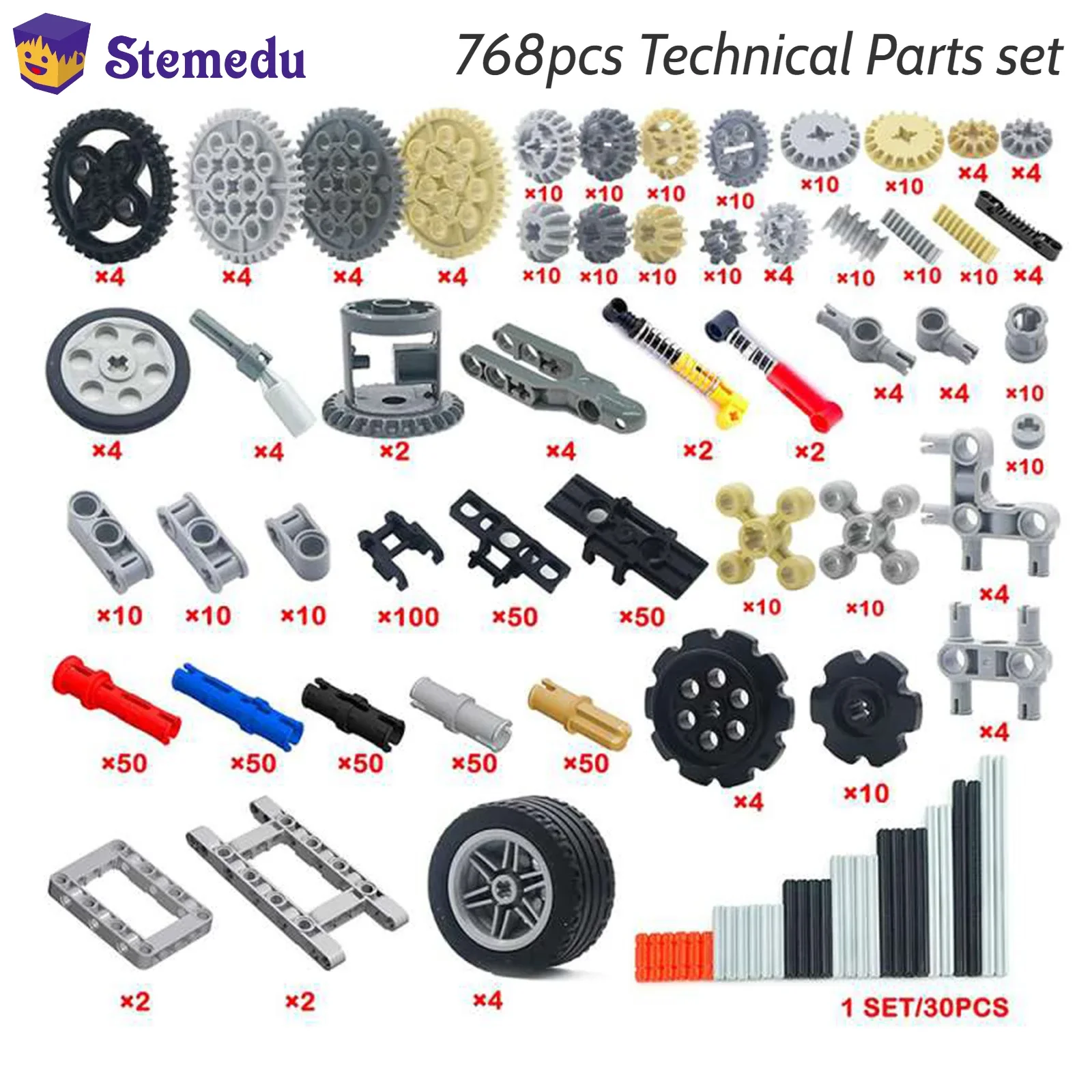 Technical Parts MOC Building Blocks Cars Gears Axles Pack Wheels Connectors Chain Link Pins Joints Bricks Shock Absorber 768PCS