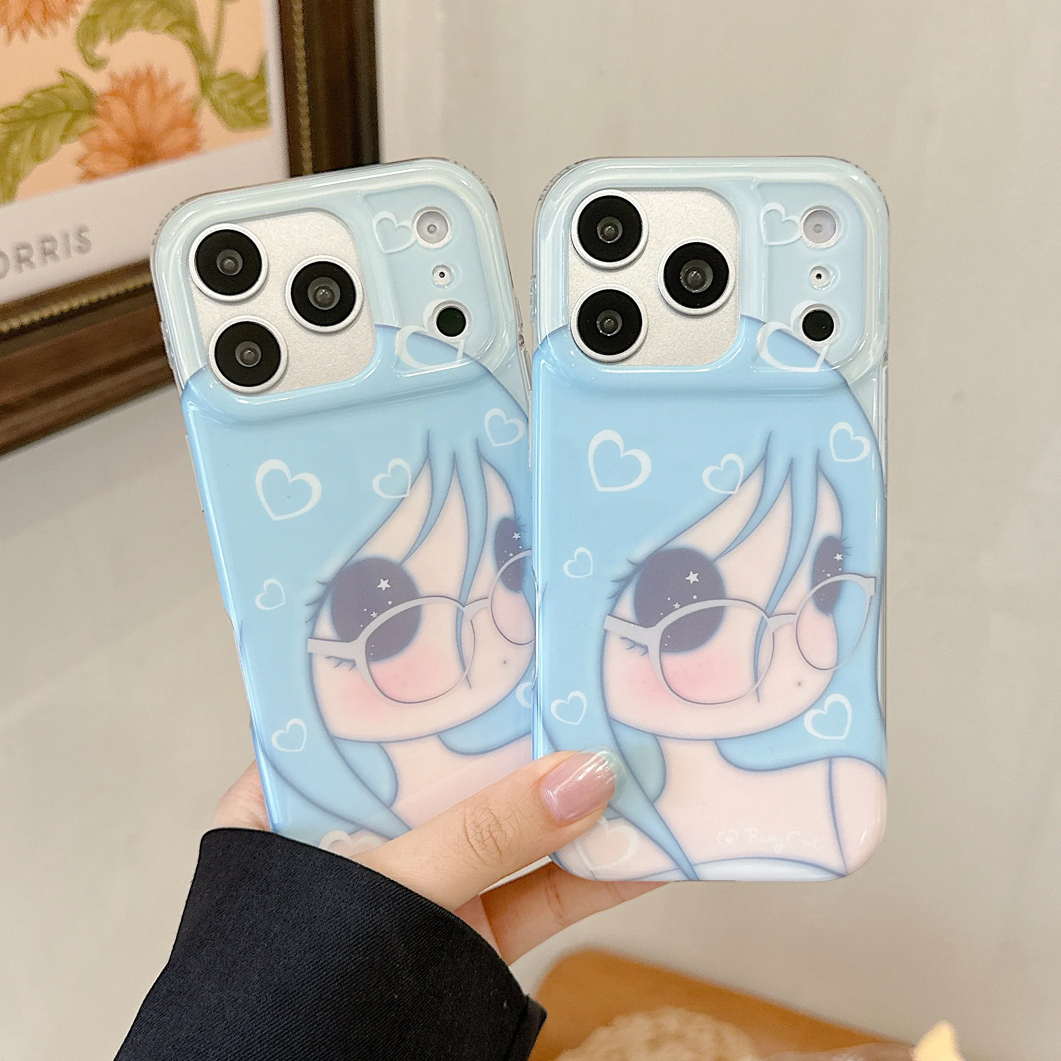 Kawaii Blue Hair Anime Girl Phone Case - Soft Cartoon Character Design with Glasses, Perfect Gift