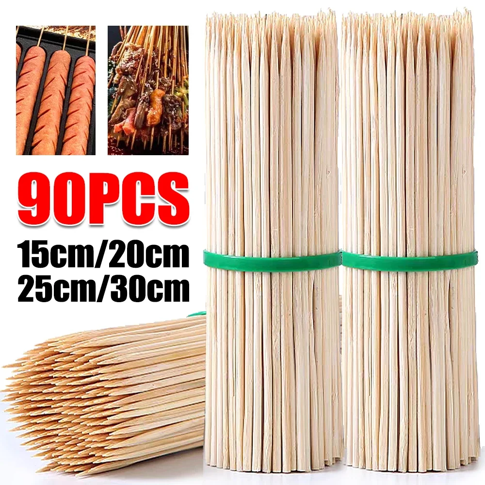 90Pcs Bamboo Skewer Sticks Sturdy Disposable Barbecue Fruit Natural Wood Sticks Barbecue Party Buffet Food BBQ Tools Accessories