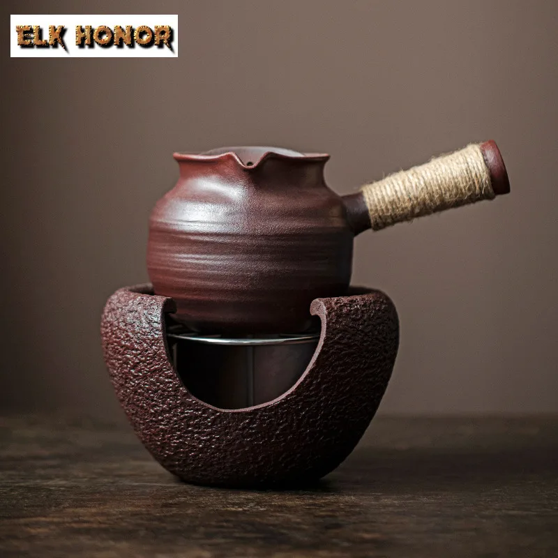 Retro Coarse Pottery Tea Warmer Holder Tea Pot with Candle Warmer Set Stove Household Kettle Stand Carbon Furnace Drinkware