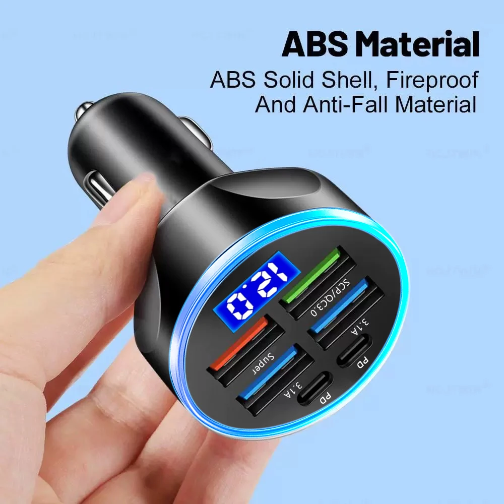 Caricatore Auto 6 In 1 Con Display LED: 4 USB-A E 2 USB-C PD Ricarica Rapida
