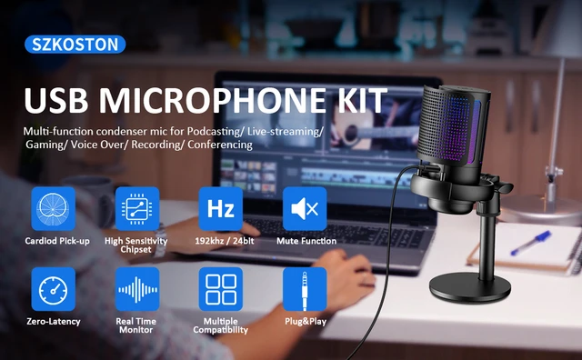 Kit de microfone USB, VeGue 192 kHz/24 bits Streaming Podcast PC  Condensador Conjunto de microfone para jogos, vídeo do , gravação de  música, locução, microfone de estúdio com suporte de braço ajustável (