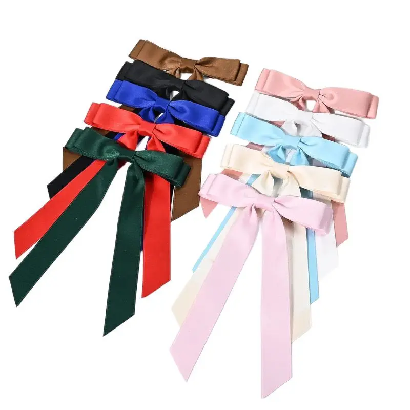 Satin Ribbon Bow Hair Clips para mulheres e meninas, grampos de fita longa, caudas longas, presilhas Bowknot, Headwear infantil, 5 