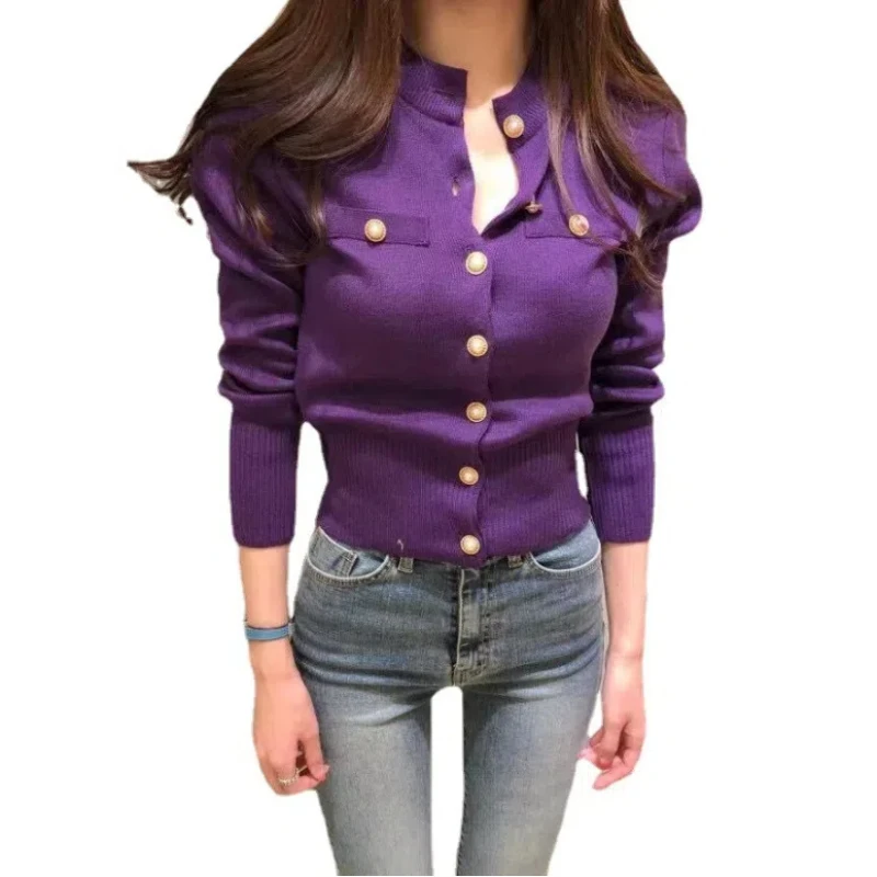 Autumn and Winter New Women's Clothing Elegant Slim-fit O Neck Lady's Cardigan Sweater Fashion Casual Long-sleeved Knitwear Top