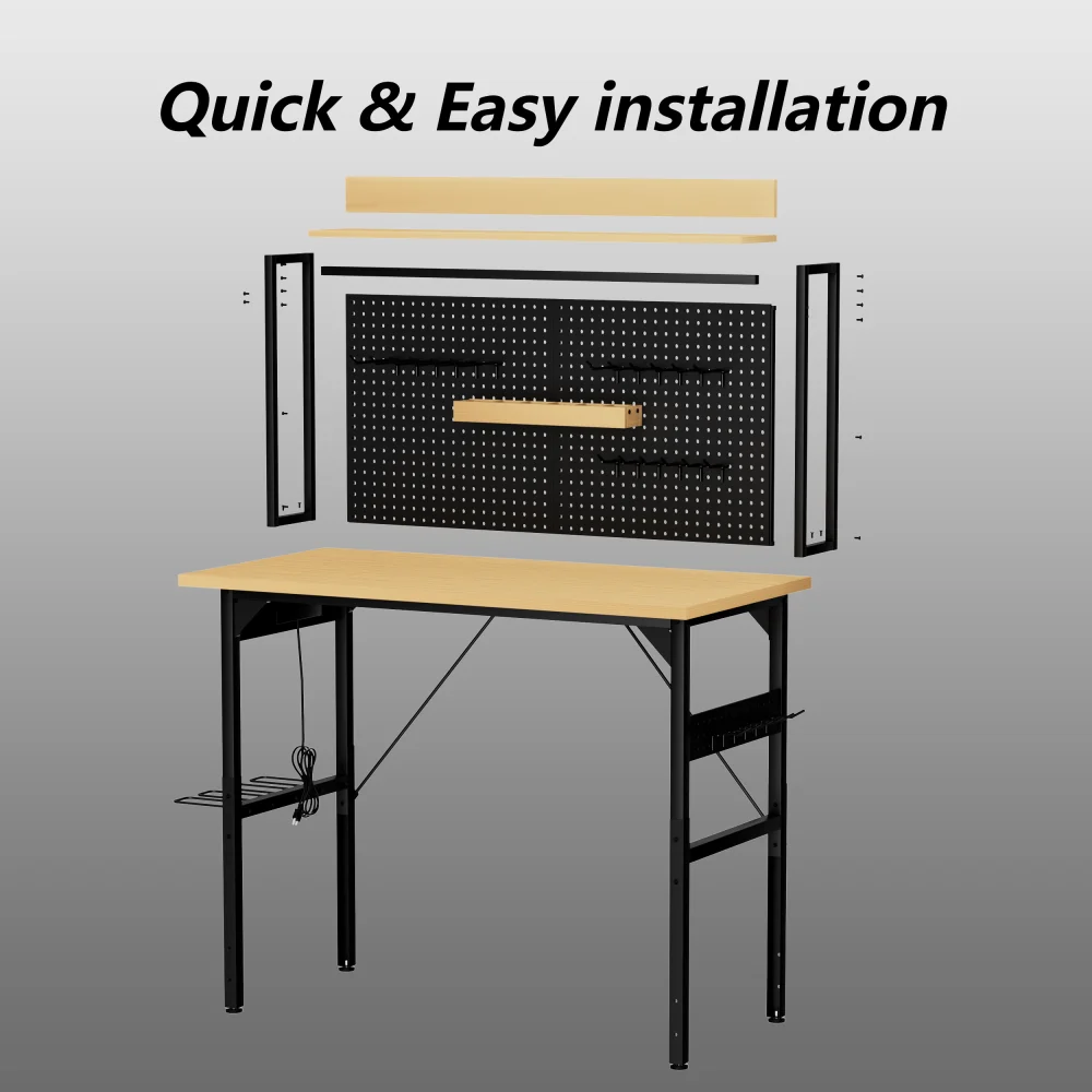 48'' Verstellbare Mobile Werkbank, Holz-Garagenbank mit Lochplatte, 700KG Tragfähigkeit, AC/USB-Ladeanschluss, Ablagefach – Detail 8