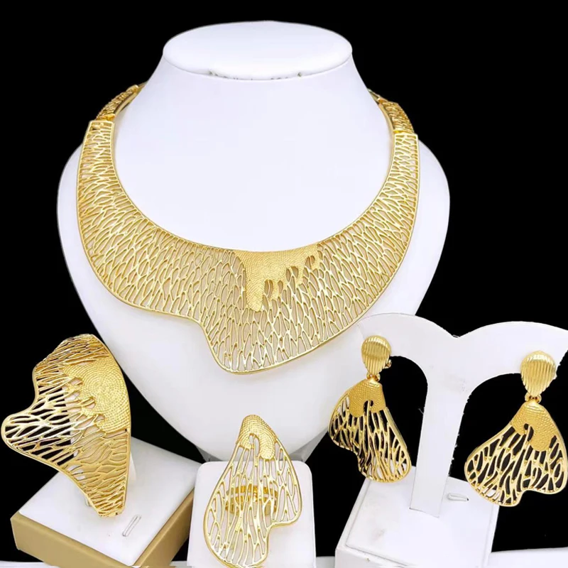 

Italy 18k Gold Plated Jewelry Set Luxury Design Women Necklace Dubai Jewelry Big Earring Bangle Bride Wedding Party Accessories